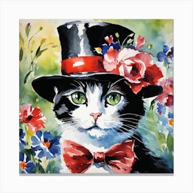 Floral Cat With Hat Painting (3) Canvas Print