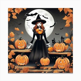 sexy Witch With Pumpkins Canvas Print