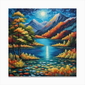 All seasons Serenity: Reflective Lake and Mountain Landscape Art with Vibrant Fall Foliage Canvas Print