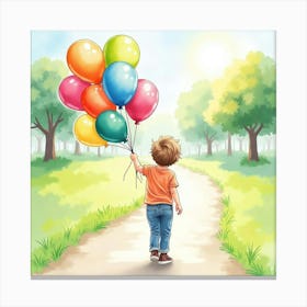 Watercolor Toddler Holding A Bouquet Of Colorful Balloons In A Sunny Park Canvas Print