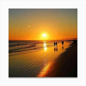 A Serene Sunset Casting A Golden Hue Over A Tranquil Beach Silhouettes Of Relaxed Individuals Strol (1) Canvas Print