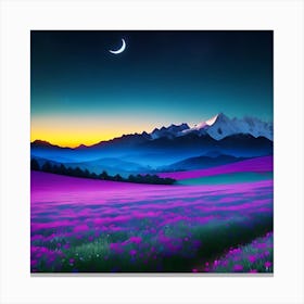 Purple Flower Field At Night Canvas Print