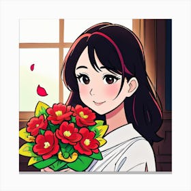 Anime Girl Holding Flowers Canvas Print