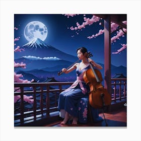 Asian Woman Playing Cello in the Balcony with moonlight and Mt Fuji mountains Canvas Print