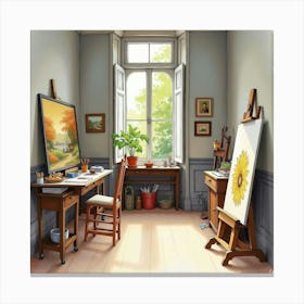 An English Artist S Studio With Paintings And Easels, Watercolor Illustration Canvas Print