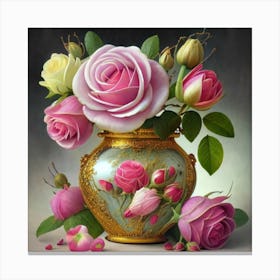 Antique fuchsia jar filled with purple roses, willow and camellia flowers 2 Canvas Print