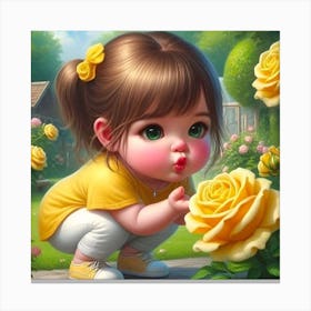 Little Girl Kissing Yellow Roses Canvas Print