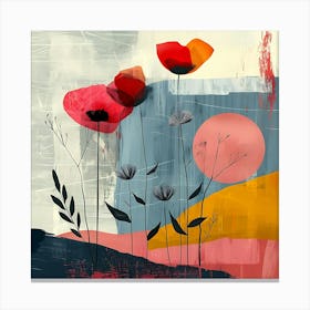 Abstract Poppy Flower Art Print With Textured Background Red Pink Yellow Blue And Grey Tones Canvas Print