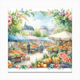 Fresh and Colorful - Watercolor Painting of a Market with Produce and Vendors Canvas Print