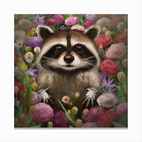 Raccoon in flower field Canvas Print