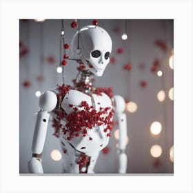 Porcelain And Hammered Matt Red Android Marionette Showing Cracked Inner Working, Tiny White Flowers (1) Canvas Print