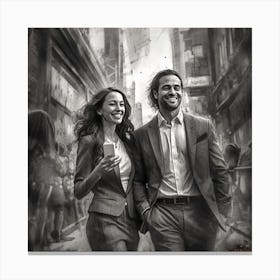 Two People Walking Down The Street Canvas Print