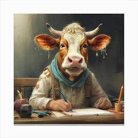 Cow At The Desk Canvas Print