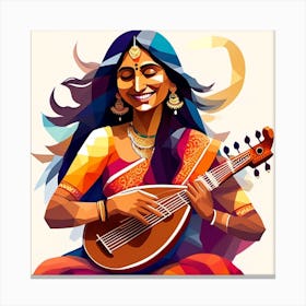 In An Oil Painting The Vibrant Essence Of A Joyous Indian Woman Playing The Sitar With Profound Enthusiasm Is Beautifully Depicted The Artwork Showcases The Woman In Meticulous Detail Exuding Pure 1 Canvas Print