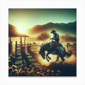 Cowboy taming Wild  Horse Canvas Print