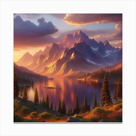 A Photorealistic Image Of A Serene Mountain Range At Sunset, Capturing The Scene In Realistic Colors And Details, Similar To A High Quality Canvas Print