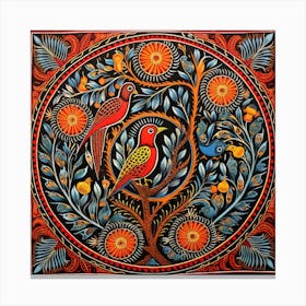 Bird In A Tree Madhubani Painting Indian Traditional Style Canvas Print