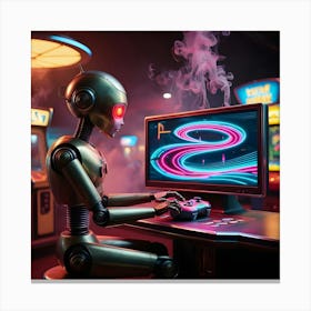 A Worn, Retro Futuristic Robot With Brass Accents And Visible Mechanical Joints Sits In A Dimly Lit, Smoke Filled Arcade, Its Glowing Red Eyes Fixed On A High Tech Video Game Console Displaying A Mesmerizing Neon Lit Virtual World Canvas Print