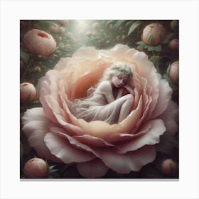 Dreaming Of Roses, A serene and ethereal image depicting a young girl, sleeping figure cradled within the soft petals of an oversized bloom. The tranquil setting is bathed in a gentle, diffused light, evoking a sense of peacefulness amidst a garden of blossoming flowers. classic art Canvas Print