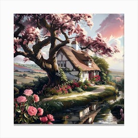 Cottage Under The Cherry Blossoms Canvas Print