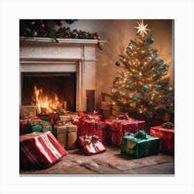 Christmas Presents Under Christmas Tree At Home Next To Fireplace Haze Ultra Detailed Film Photog (10) Canvas Print