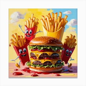 Cartoon Burger And French Fries Characters Canvas Print