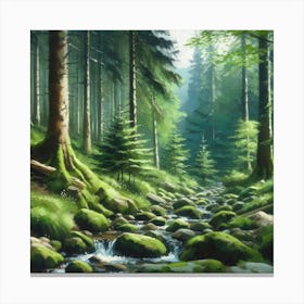 Stream In The Forest, Acrylic Painting Style 8 Canvas Print