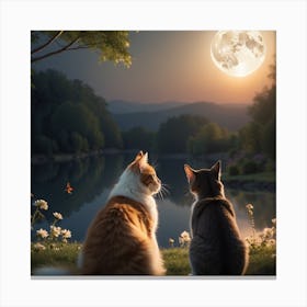 Two Cats Watching The Moon Canvas Print