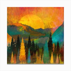 Sunset In The Mountains Trees Mountains Sun Sunrise Warm Canvas Print