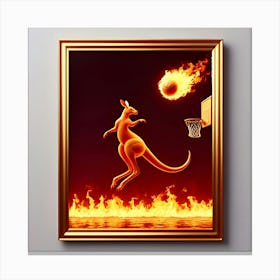 A Bouncing Kangaroo Playing Basketball With Fire, Inspired By The Kinetic Sculptures Of Alexander Calder, With A Fiery Red And Orange Palette, Where The Fire Is In Focus And The Rest Of The Scene Is Blurred 3 Canvas Print