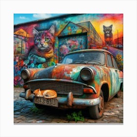 Old Car With Cats Canvas Print