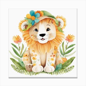 Floral Cute Baby Lion Nursery Illustration (21) 1 Canvas Print