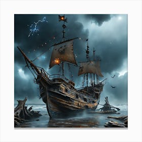 Pirate Ship In Stormy Sea Canvas Print