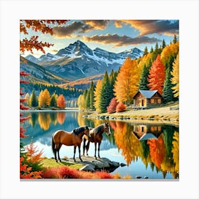 Horses By The Lake Canvas Print