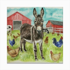 Donkey And Chickens 1 Canvas Print