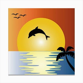 Ocean Sunset Dolphin Palm Tree 1 Canvas Print