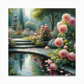 Rose Garden With The Fountain, Acrylic Style Painting 6 Canvas Print