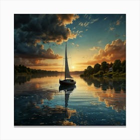 Art On A Cracked Paper, Mosaic, Double Exposure, Boat Gently Bobbing On Calm Water Marks The End Of Summer Canvas Print