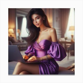 Sexy Woman Working On Laptop Canvas Print