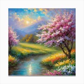 Cherry Blossoms By The Stream Canvas Print
