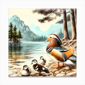 Duck Family at Mountain Lake Color Painting - Wild Bird Artwork 110 Canvas Print