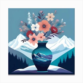 Vase With Flowers  Decorated with Snowy Landscapes, Blue with Peach, Red and White Flowers Canvas Print