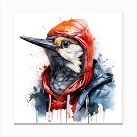 Watercolour Cartoon Woodpecker In A Hoodie 3 Canvas Print