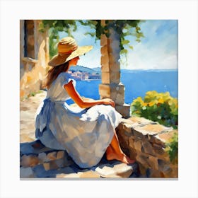 Sunny Day In Italy Impressionist Portrait Of A Woman By The Sea (3) Canvas Print