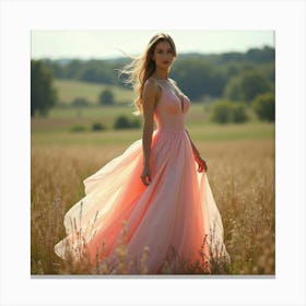 Beautiful Woman In Watercolor Gown, Serene Countryside Setting 1 Canvas Print