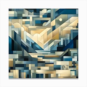 A Unique Digital Cubist Art Painting Depicting A Landscape Made Of Overlapping Geometric Planes And Shapes In Muted Bluish Hues 3 Canvas Print