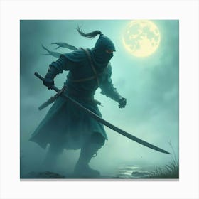 Ninja Warrior Attacking In Glowing Fog, Watercolor Setting 1 Canvas Print