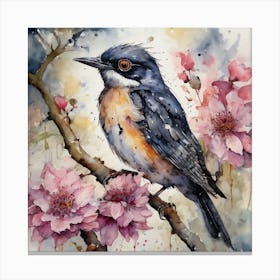 Watercolor Kingbird On Flowers Branch Canvas Print