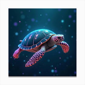 A Turtle With Neon Markings On Its Shell, Swimming In Glowing, Magical Waters Canvas Print