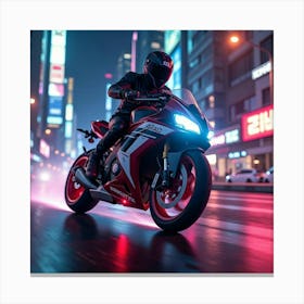 Super Bike Racing Through A Neon Lit City With Glowing Underbody Lights 1 Canvas Print